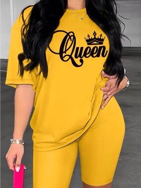 Yellow "Queen" Graphic Tee & Shorts Set